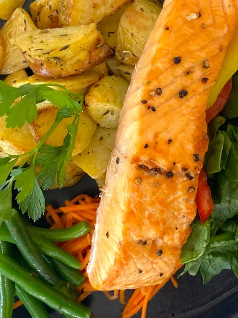 Salmon with Crispy Baby Potatoes & Mixed Veggies - Image 2