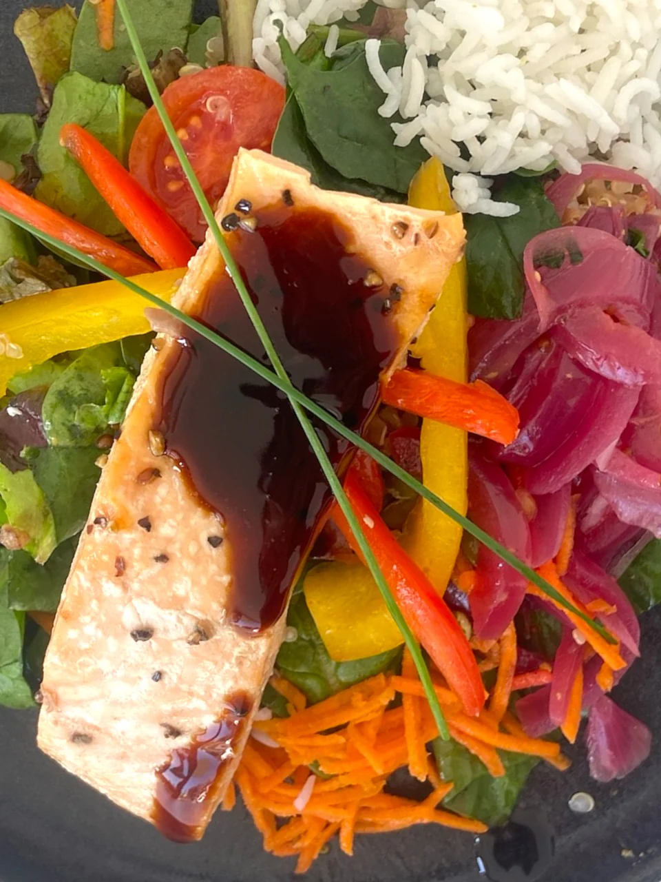 Grilled Salmon Teriyaki Poké Bowl with Rice & Fresh Veggies - Image 2