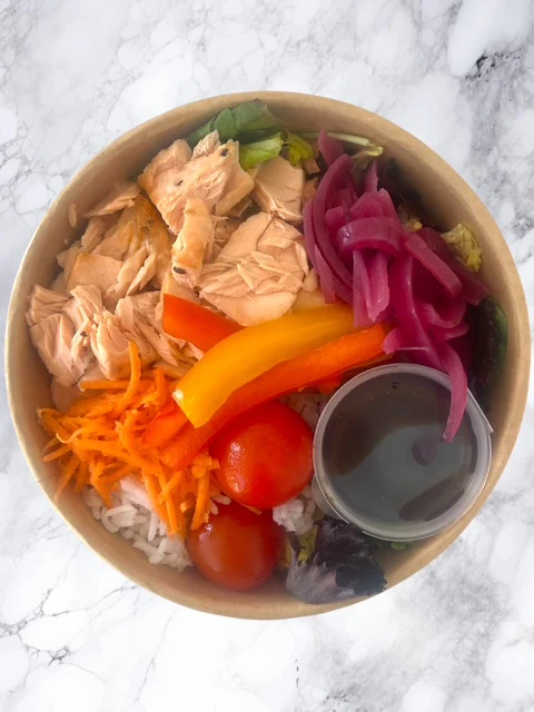 Grilled Salmon Teriyaki Poké Bowl with Rice & Fresh Veggies - Image 3